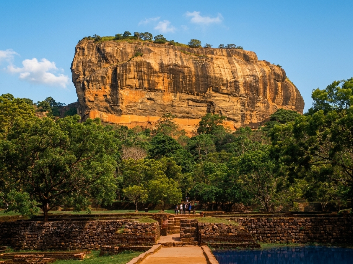 Sigiriya rock fortress seen from the water gardens below